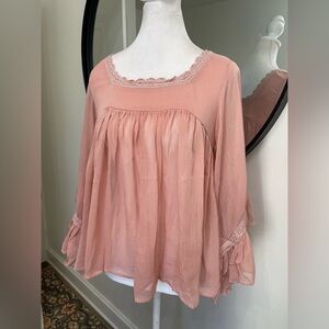 NWT HAYDEN LOS ANGELES Blush Lace Trim Square Neck Bell Sleeve Blouse Top Small